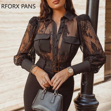 Yipinpay Women Sexy Solid Lace Lantern Sleeves Button and Pocket Deco Black BlousesTops